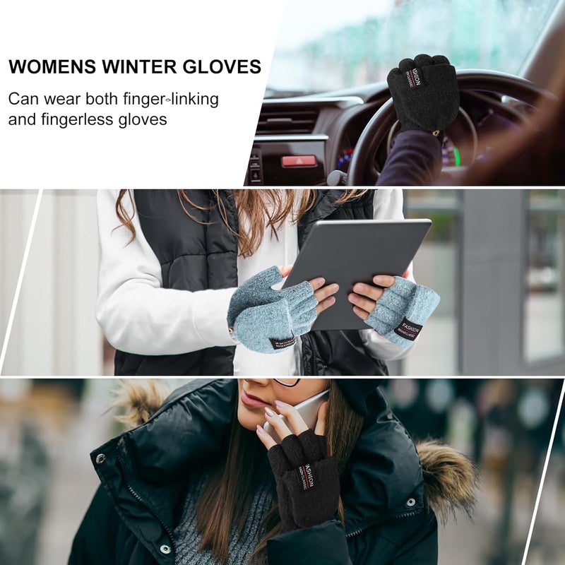 YSense Womens Winter Gloves, 2 Pack Warm Knitted Convertible Fingerless Gloves for Women Gifts with Mittens Cover Cap - Image 5
